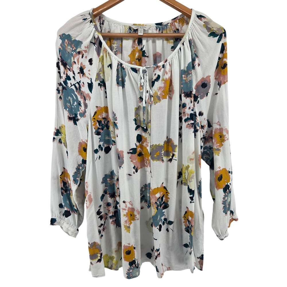 Lucky Brand Womens Floral Print Long Sleeve Tie Neck‎ Tunic Blouse Top 2X